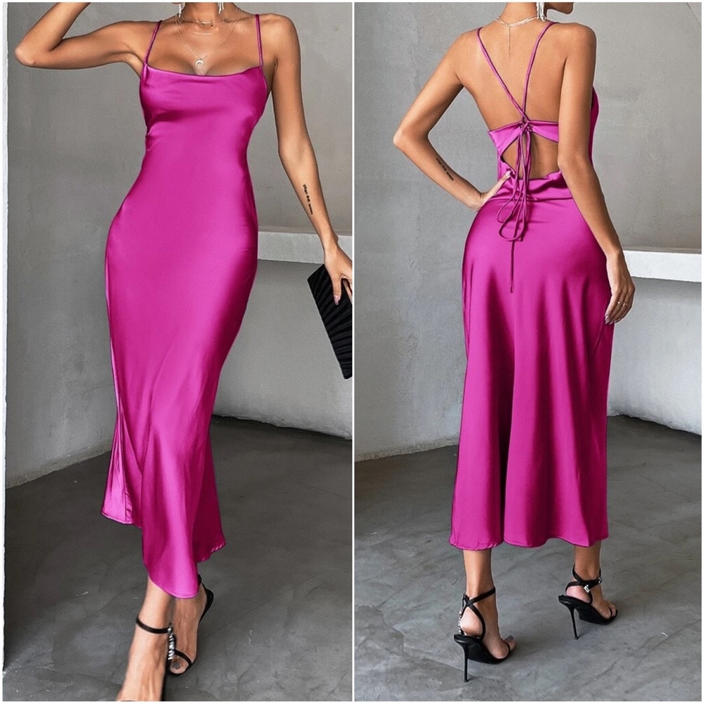 Luxe Satin Lace up back Backless Party Evening Dress - Picture 1 of 9